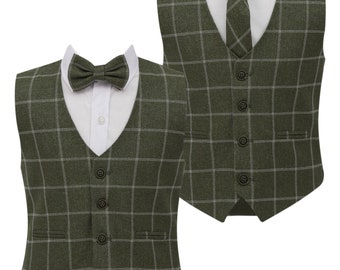 Boys Tweed Windowpane Check Cotton Sage Green Waistcoat Wedding Formal Smart Casual Set