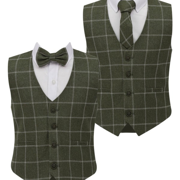 ragazzi tweed finestrato in cotone a quadri verde salvia gilet matrimonio formale smart casual set