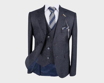 Boys Tailored fit Herringbone Patterned Navy Blue Suit Set