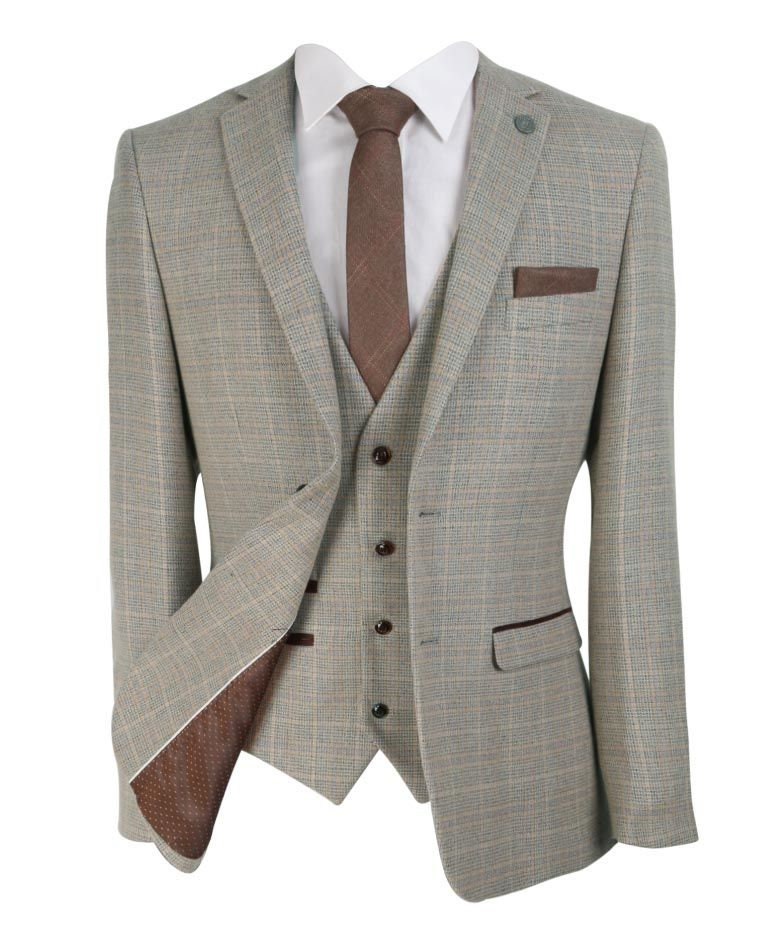 Image of Paul Andrew Men's Check Tweed Retro Suit in Beige Brown