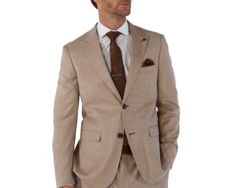 Herren Kariertes Tailored Fit Beige/Grün Anzug, 3-teiliges Set einzeln verkauft, für Hochzeiten, Geschäftliches & Besondere Anlässe