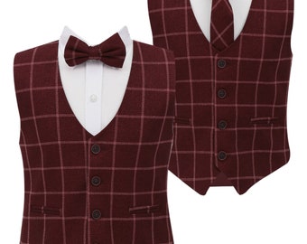 Boys Tweed Windowpane Check Cotton Maroon-Burgundy Waistcoat Wedding Formal Smart Casual Set