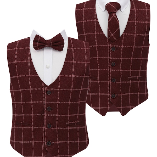 Boys Tweed Windowpane Check Cotton Maroon-Burgundy Waistcoat Wedding Formal Smart Casual Set