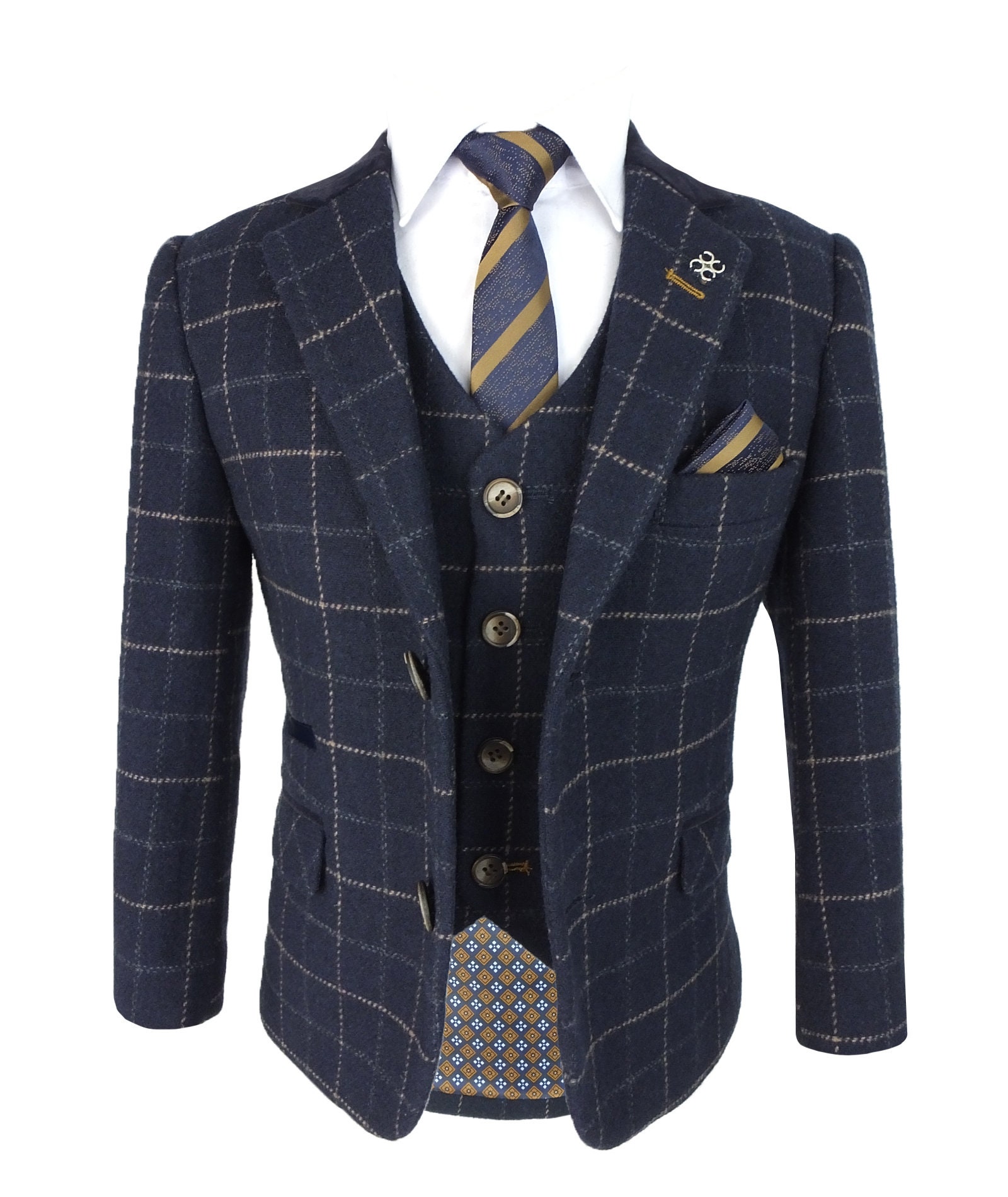 Cavani Boys Navy Blue Wool Blend Check Tweed Shelby Suit Etsy