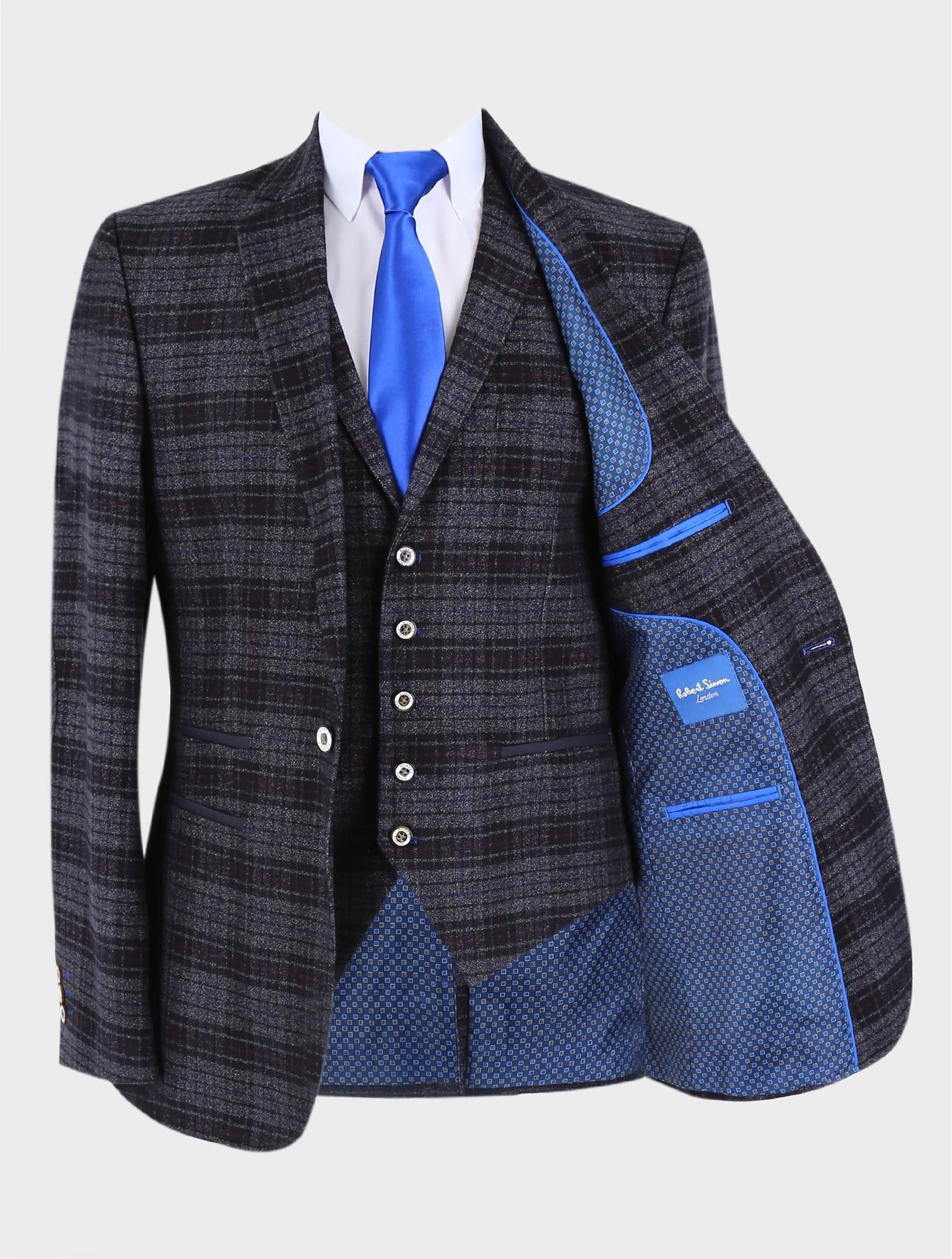Mens Blue Tweed Check 3 Piece Suit Blazer Trouser Waistcoat Sold as Separately 