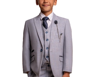 Boys Suit Retro Slim Fit Blue Tweed Houndstooth Check Set