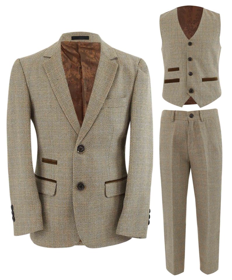 Boys Tweed Check Tailored Fit 3 Piece Formal Suit Set in Beige - Etsy UK