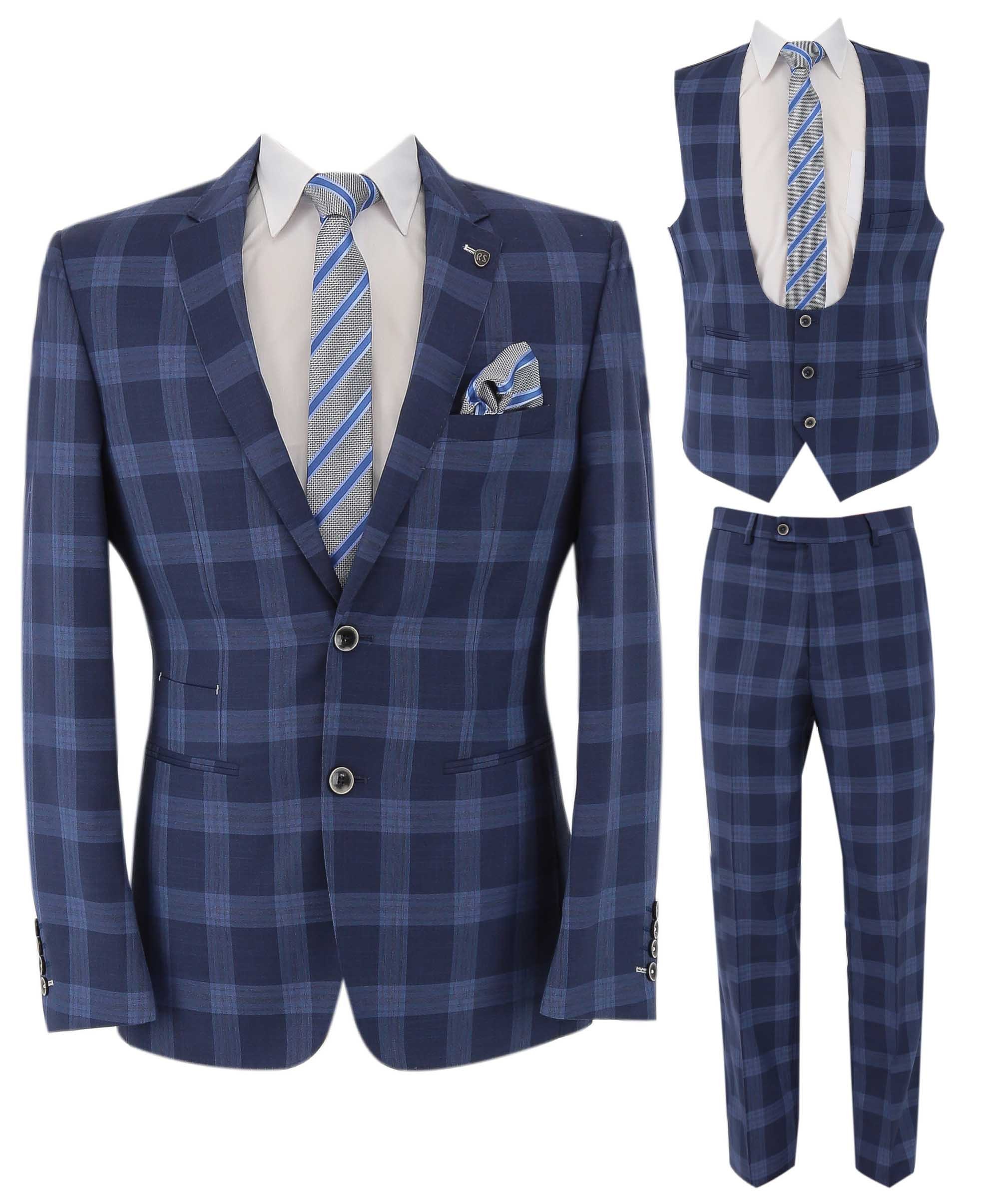 Blue Wool Prince of Wales Check Suit Waistcoat  Jacamo