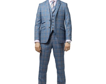 Mens Windowpane Check Slim Fit Blue Suit Jacket Waistcoat Trousers Formal Wedding Business Sold Separately Set