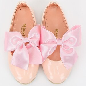 Flower Girls Communion Spanish Style Shiny Patent Faux Leather Mary Jane Bow Slip On Dress Formal Shoes Pink