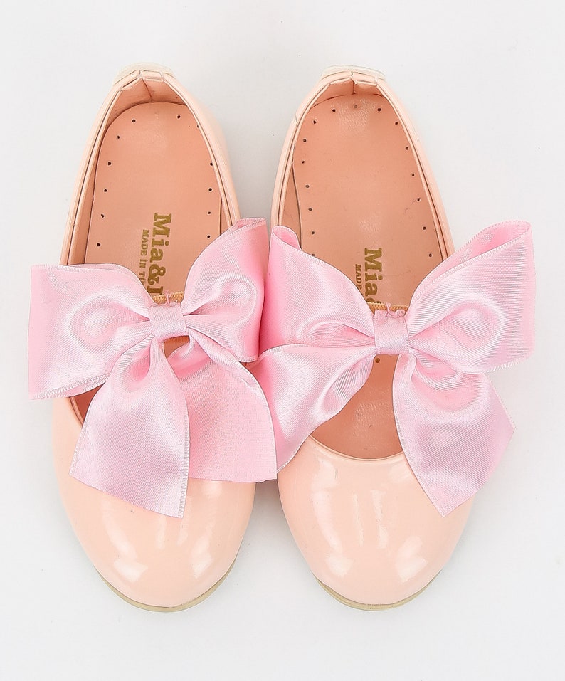 Flower Girls Communion Spanish Style Shiny Patent Faux Leather Mary Jane Bow Slip On Dress Formal Shoes Pink