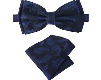 Elegant Paisley Bow Tie & Handkerchief Set for Boys and Men in Navy Blue - Perfect for Formal Occasions - Adjustable Strap - 100% Polyester