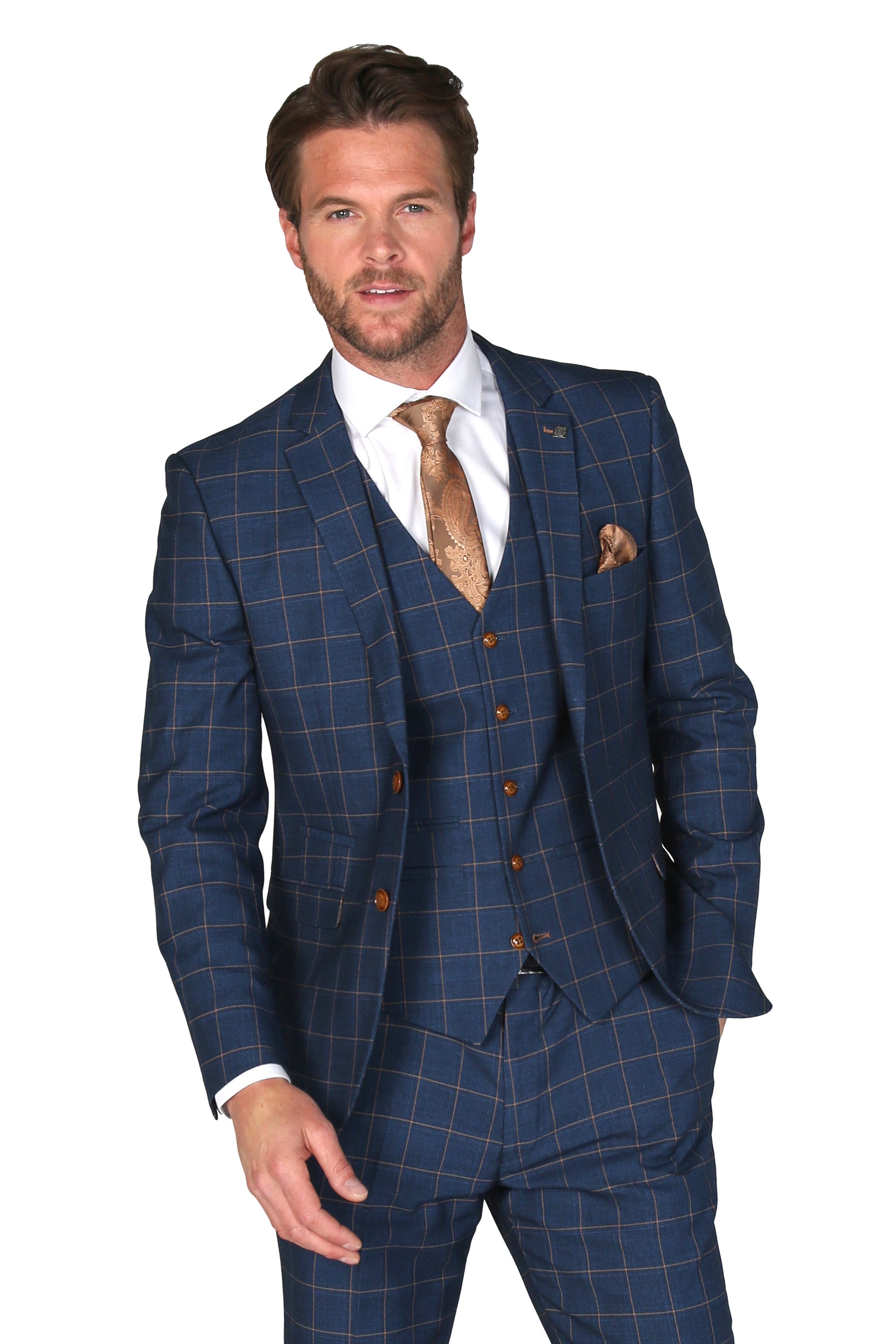 Navy check hotsell suit