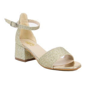 SIRRI Girls Gold Ankle-Strap Shoes, Block Heels Sandals with Glitter for Special Occasion image 1