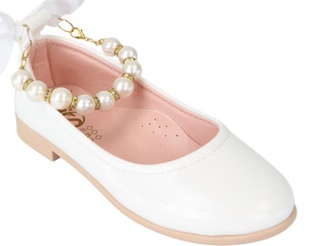 Elegant Girls' White Mary Jane Flats with Pearl Detail and Ribbon - Perfect for Special Occasions