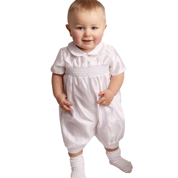 Baby Boys Off White Smocked Christening Romper - Elegant Baptism Outfit for Infants