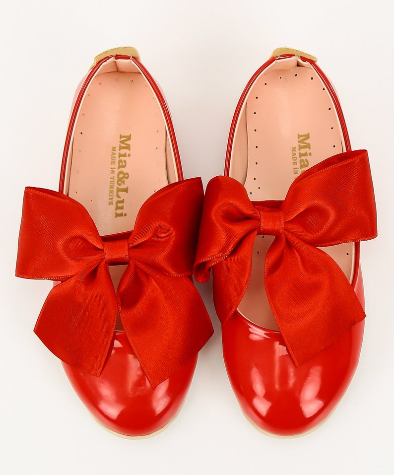 Flower Girls Communion Spanish Style Shiny Patent Faux Leather Mary Jane Bow Slip On Dress Formal Shoes Red