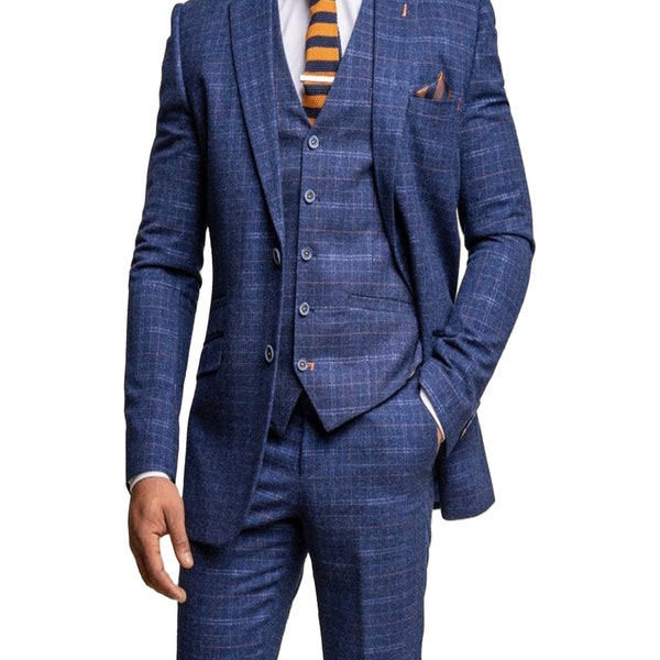 Boys Tweed Windowpane Check Slim Fit Suit - SHELBY - Navy Blue