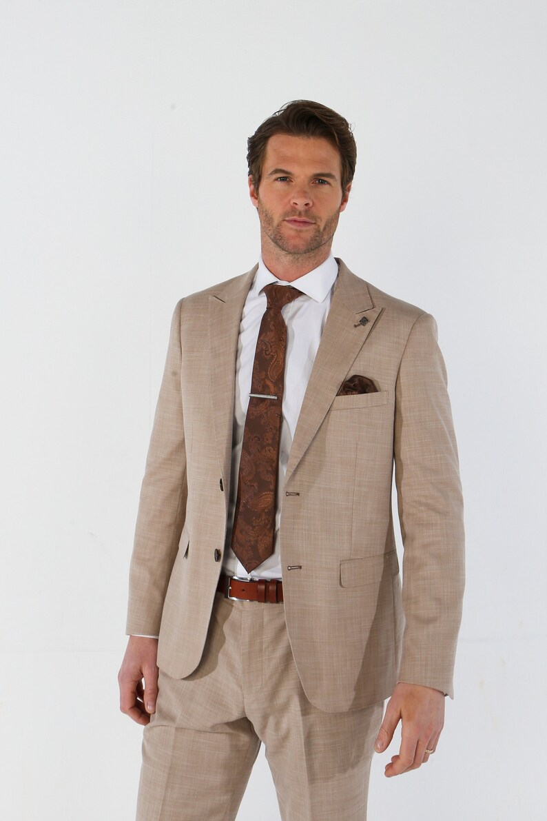 Herren Kariertes Tailored Fit Beige/Grün Anzug, 3-teiliges Set einzeln verkauft, für Hochzeiten, Geschäftliches & Besondere Anlässe Bild 2
