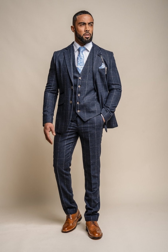 Grey Blue Check 3 Piece Suit Slim Fit - Best Wedding Suits In Boston
