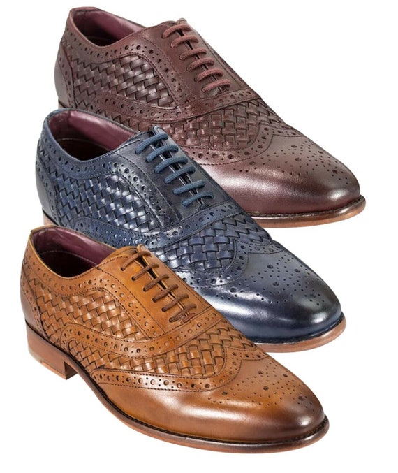 Mens Genuine Leather Lace up Woven 