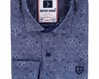 Boys Paisley Patterned Slim Fit Cotton Smart Casual Long Sleeves Dark Blue Black Shirt
