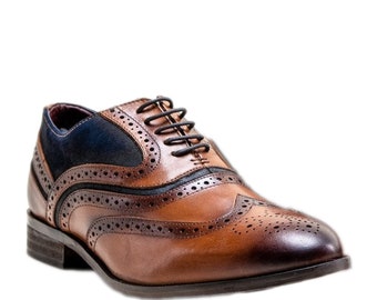 Mens Brogues Genuine Leather Lace Up Formal Wedding Business Tan Brown Navy Blue Dress Shoes