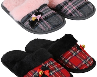 Girl’s Faux Fur Slipper Tartan Slip On Indoor Outdoor House Footwear