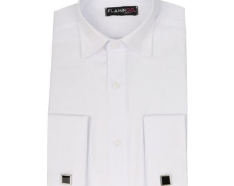 Flamingo Boys Double Cuff Classic Collar White Formal Kids Camisa con gemelos