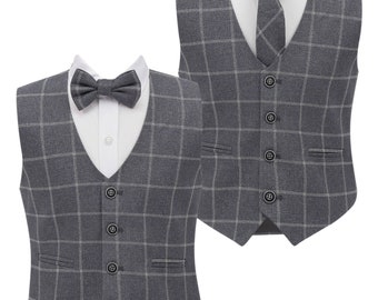 Boys Tweed Windowpane Check Cotton Grey Waistcoat Wedding Formal Smart Casual Set