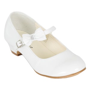 Girls' High Heel Patent Mary Jane Dress Shoes with Ankle Strap & Bow Ideal for Weddings, Communion, Confirmation Events White