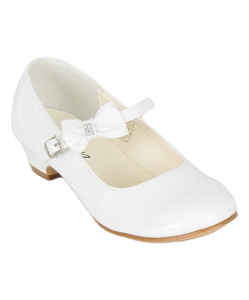 Girls' High Heel Patent Mary Jane Dress Shoes with Ankle Strap & Bow Ideal for Weddings, Communion, Confirmation Events White