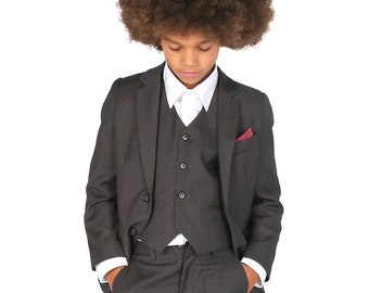 Boys Tailored Fit Formal 3 Piece Suit Set in Charcoal Grey