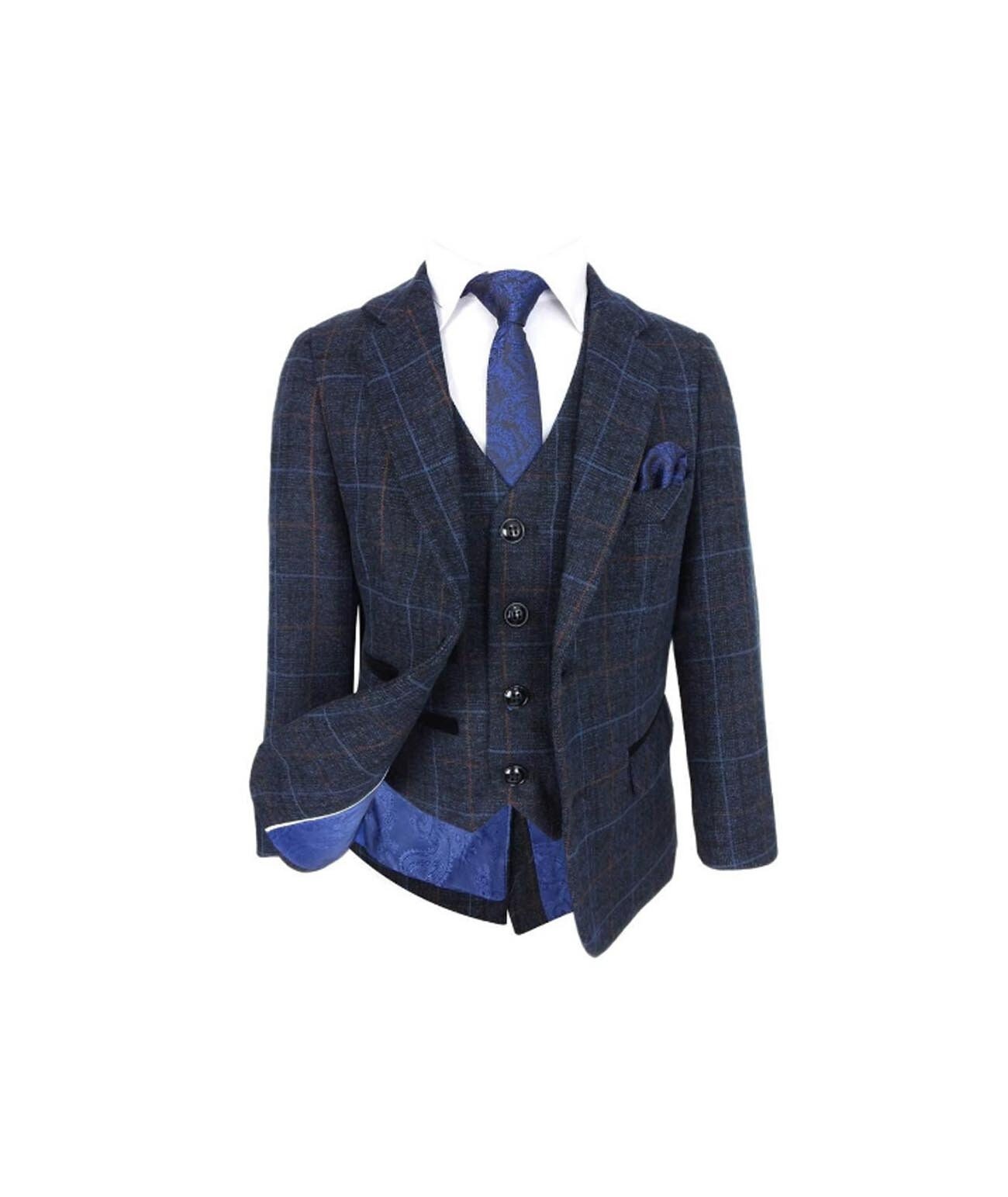 Boy's Check Tweed Retro Suit in Navy Blue