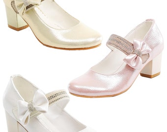 Girls Communion Mary Janes Low Block Heel Ankle Strap Pearl Dress Shoes