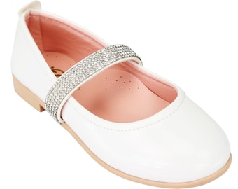 Girls Rhinestone Strap Patent White Mary Jane Shoes for Weddings and Special Occasions