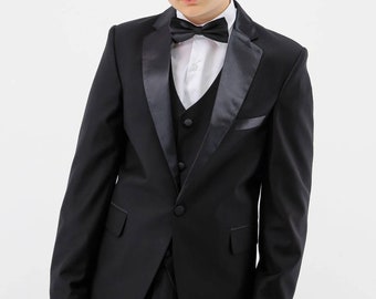 Boys Black Peak Tailored Fit 5 Piece  Lapel Tuxedo Suit