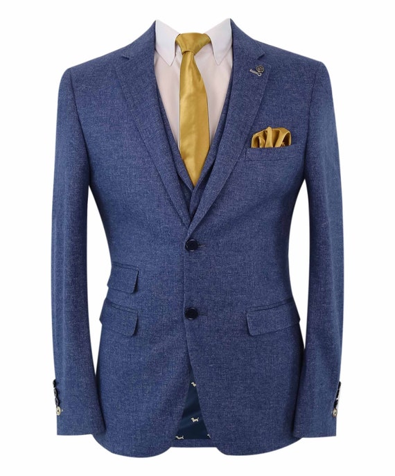 Mens Cavani 3 Piece Slim Fit Blue Check Tailored Blazer Trousers Waistcoat Suit 