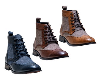 Men’s leather and tweed Ankle Lace Up Boots Casual Brogue Shoes