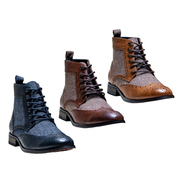 Men’s leather and tweed Ankle Lace Up Boots Casual Brogue Shoes