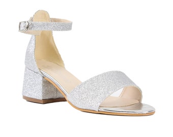 SIRRI Girls Silver Ankle-Strap Shoes, Block Heels Sandals with Glitter for Special Occasion