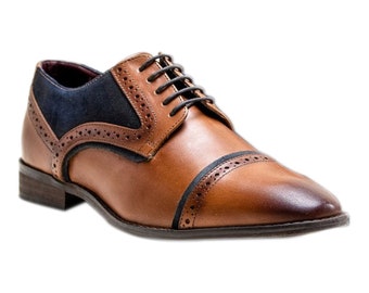 Hombre Derby Lace Up Cuero Genuino Bronceado Azul Marino Brogue Vestido Zapatos de Negocios