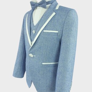 Boys Textured Piping Suit Slim Fit 3 Piece Set in Sky Blue image 2