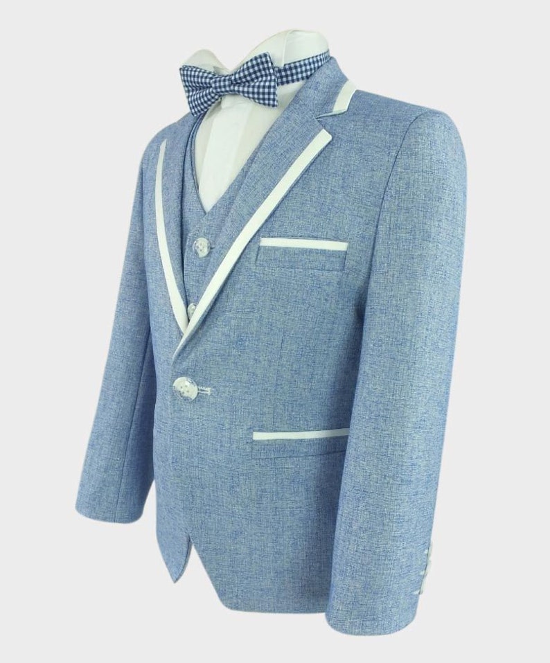 Boys Textured Piping Suit Slim Fit 3 Piece Set in Sky Blue image 2