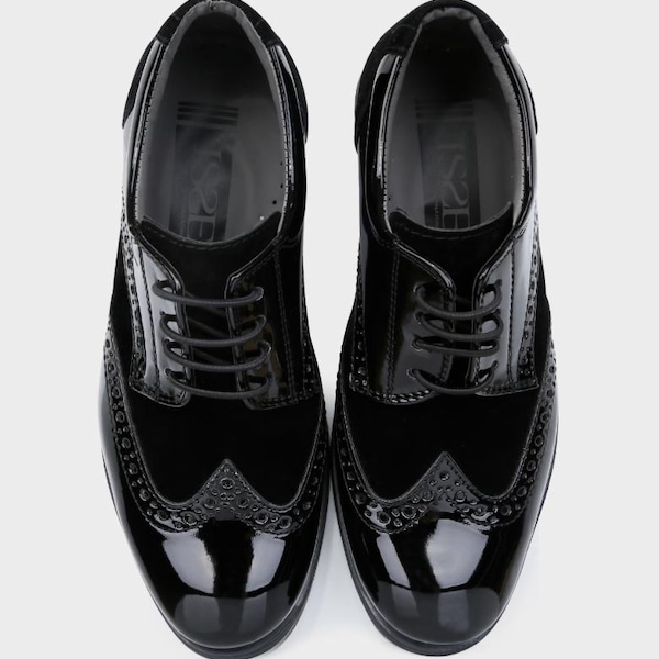Boys Patent Suede Lace Up Brogue Dress Shoes in Black