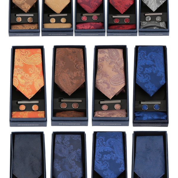Mens Tonal Paisley Tie Cufflink Wedding Formal Business 4 Pieces Accessory Set 13 Colours Available