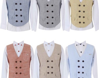 Boy’s Cotton Linen Single Breasted Waistcoat Suit Smart Casual 3 Piece Set