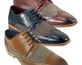 Mens Herringbone Tweed Leather Retro 