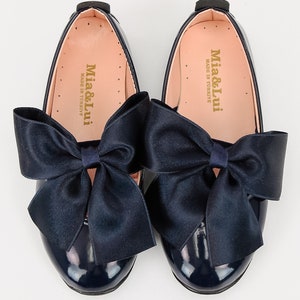 Flower Girls Communion Spanish Style Shiny Patent Faux Leather Mary Jane Bow Slip On Dress Formal Shoes Navy Blue