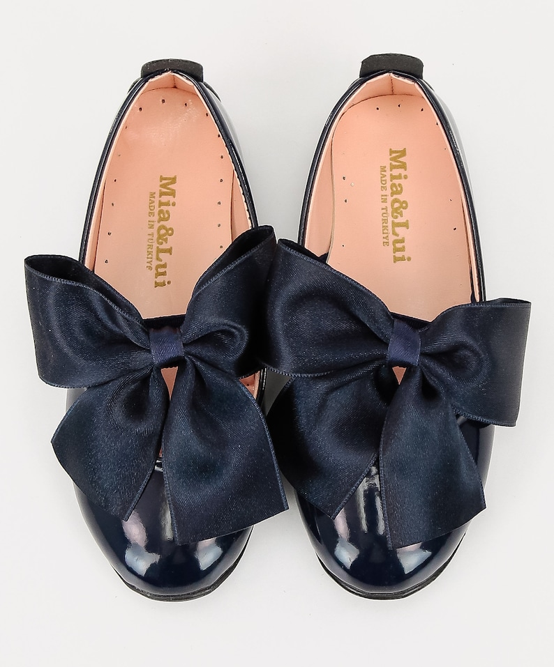 Flower Girls Communion Spanish Style Shiny Patent Faux Leather Mary Jane Bow Slip On Dress Formal Shoes Navy Blue